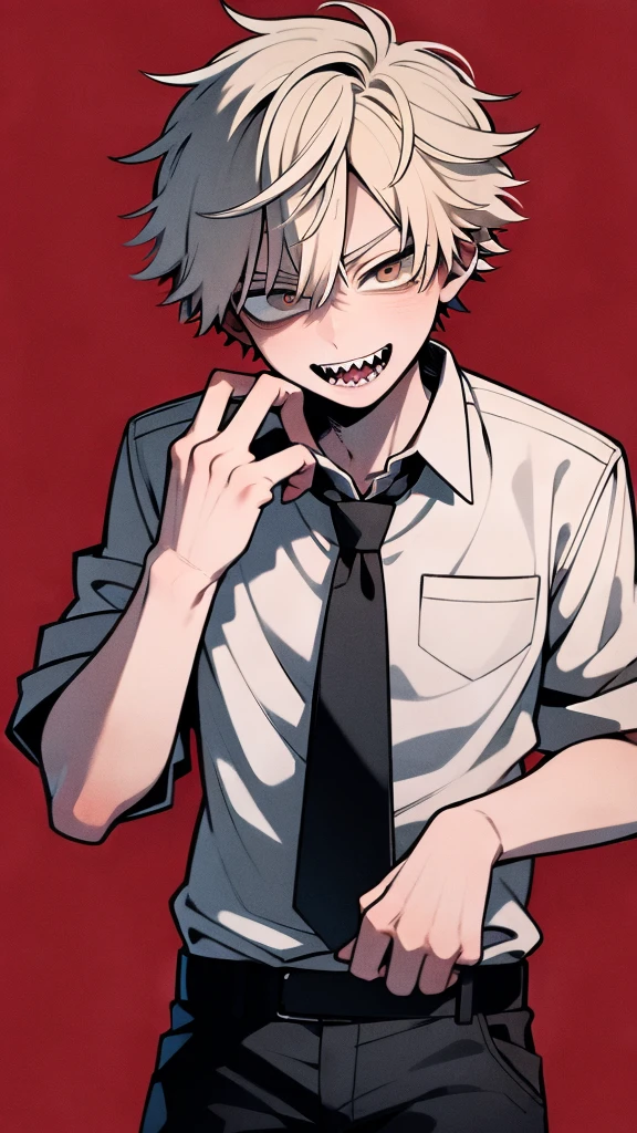 (masterpiece, Best Quality:1.2), Cowboy Shot, Solo, Male Focus, Look at viewers, 1boy, Denji, sharp teeth, yellow hair, Evil smile, Open mouth, Looking at Viewer, Blonde hair, Brown eyes, sanpaku, White collared shirt, black necktie, sleeves rolled up, Black pants, (Top resolution, Distinct image), perfect hands