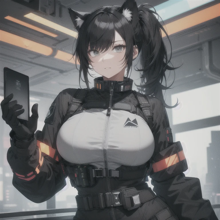 Absurd resolution, high resolution, (masterpiece: 1.4), hyper-detail, full body shot, solo, 1 kemono feline cat woman, black hair, glasses, messy ponytail, cute face, detailed soft grey eyes, huge massive hyper super swollen breasts that cover her whole torso and are bigger than her head while being so big they reach her belly button, extremely large bust, wide full hips, narrower torso and shoulders, smaller torso, full thicc big soft thighs, big rounded full soft butt, ruggedized utility styled outfit, full body outfit coverage with no skin showing or revealed, weather-proof durable clothing material, monochrome black and grey fullbody covering protective padding pilot rugged utility suit with white chest, practical/functional clothing, custom made clothing to fit and support large breasts, scifi padded rugged high collar techwear jacket, white and black triangular decals and techwear iconography on apparel and clothing, techwear gloves, arm mounted strapped display scifi tablet/communication device/computer, rugged tablet display mounted on MOLLE strap on top of her bust, ruggedized computer tablet mounted above her breasts, screen display mounted on top of her chest, ruggedized tech, ruggedized tech aesthetic, fitted utility pants, utility chaps, near future scifi, cyberpunk aesthetic, anime aesthetic