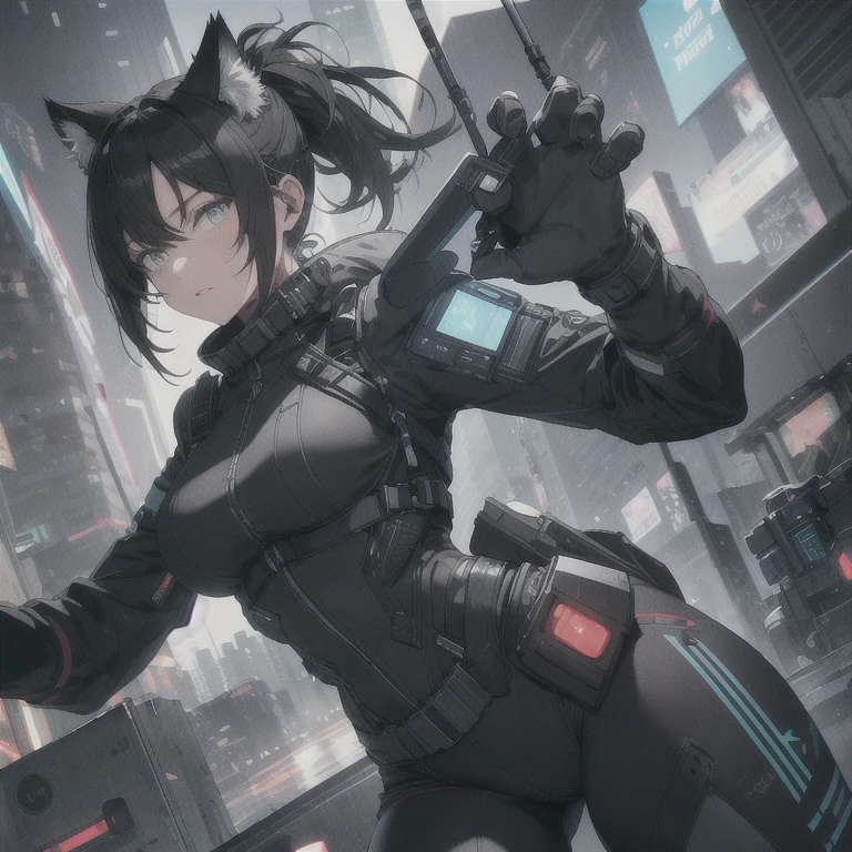 Absurd resolution, high resolution, (masterpiece: 1.4), hyper-detail, fullbody image, solo, 1 kemono feline cat woman, black hair, messy ponytail, cute face, detailed soft grey eyes, extremely large bust, huge hyper super breasts, wide full hips, narrower torso, smaller torso, full thicc soft thighs, rounded full soft butt, fullbody covering pilot utility suit, scifi padded high collar techwear jacket with triangular decals and techwear iconography, techwear gloves, wrist mounted display scifi tablet/communication device/computer, rugged tablet display mounted on MOLLE strap on top of her bust, fitted utility pants, near future scifi, cyberpunk aesthetic, anime aesthetic
