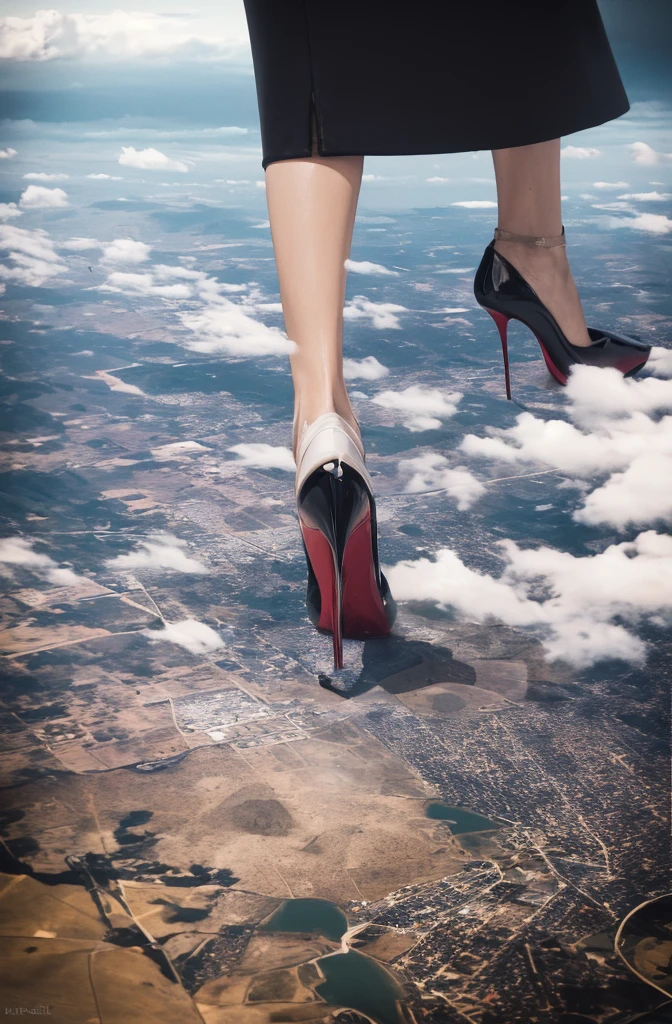 Beyonce, (masterpiece, best quality, best shadows, best shading, perfect hands, perfect face, cinematic lighting, colorful, ultra-detailed, beautiful photography, character focus, extremely-detailed, photorealistic, hyper photorealism, atmospheric), (rural destruction:1.2), (giantess, stereotypical office worker), (dirty, filthy, unwashed, sweaty, unkempt, angry, tired, exhausted, annoyed), (walking, mid stride, stepping down on, stomping, crush, rampage), (black patent Louboutin pointed toe pumps, high heels, stiletto heels), ((revealing crisp white blouse, short black pencil skirt)), (long straight hair with front bangs), (high altitude photography, satellite view), (exposed cleavage, heaving bosom, legs), (urban sprawl, farmland and small towns, destruction, buildings, roads), (cloudy, overcast, clouds and atmosphere partly obscuring the subject, hazy atmosphere, haze in foreground, wispy clouds)