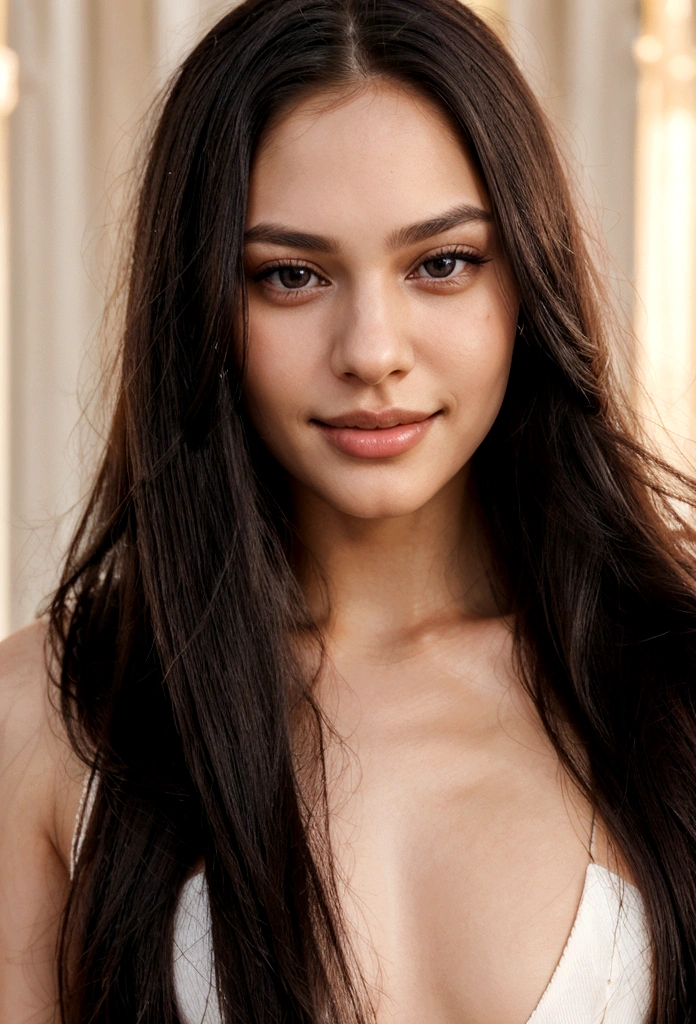 Young beautiful woman in closeup, with a tender smile, extremely straight hair, black hair, long hair, (Close up) wide jaw, realistic photography, ultra realistic image, very sharp image, high quality, The best quality. extremely straight hair, extremely straight hair.