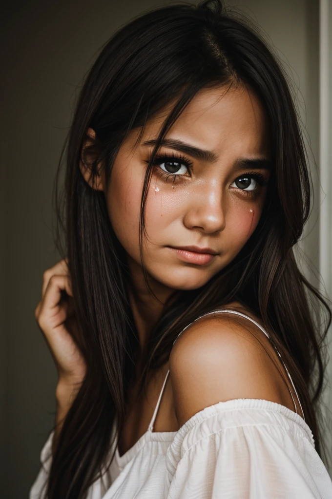 Face of a girl with tears and red eyes 