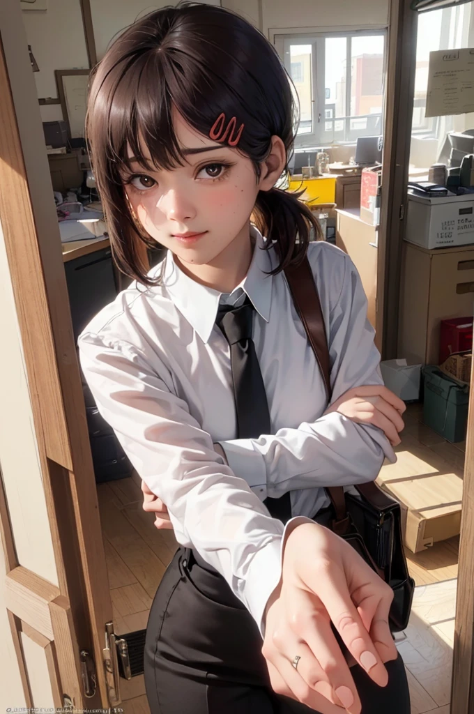 masterpiece, best quality, ultra-detailed, illustration, epic lighting, cinematic composition, isometric, 1girl, solo, cute, brown eyes, black hair, swept bangs, single sidelock, red hairclip, white collared shirt, black necktie, black pants, formal, enchanting gaze, captivating pose, indoors, office, door, opening door, looking at viewer, peeking out upper body, blush, seductive smile, closed mouth,(8k:1.1),