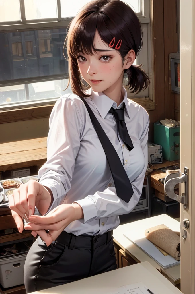 masterpiece, best quality, ultra-detailed, illustration, epic lighting, cinematic composition, isometric, 1girl, solo, cute, brown eyes, black hair, swept bangs, single sidelock, red hairclip, white collared shirt, black necktie, black pants, formal, enchanting gaze, captivating pose, indoors, office, door, opening door, looking at viewer, peeking out upper body, blush, seductive smile, closed mouth,(8k:1.1),