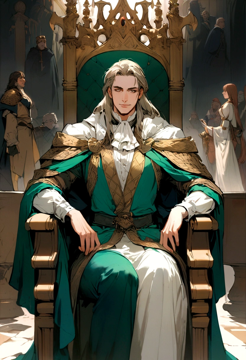 An old king sitting on his throne, mentally tormented、Celtic legends、Shakespeare's storybook world、
