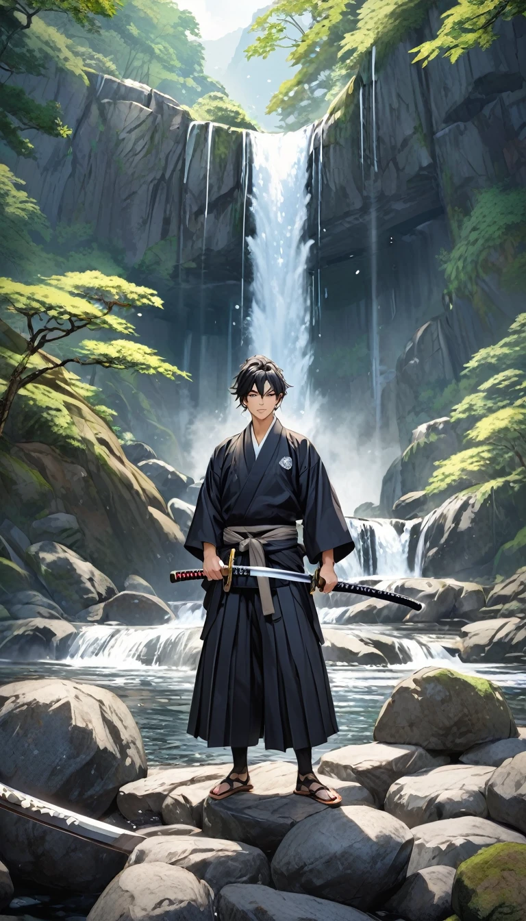 1man standing, (draws Japanese sword from sheath at waist), (bluish black samurai kimono) (black hakama), mature man, /(black hair/) bangs, cool expression, (serious:0.5), dignified, (top quality masterpiece :1.2) ultra-detailed fine illustrations, broad chest (holding (katana sword:1.2)), (gleaming blade), (holding sword sheath) BREAK (sacred rocky area) outdoors, waterfall, Japan, daylight, detailed background