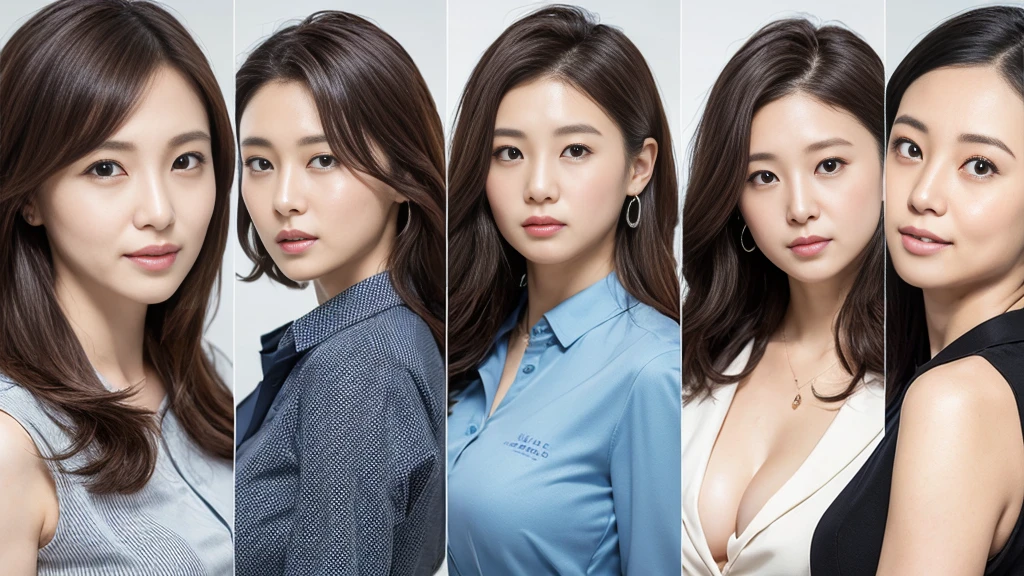 ((super high quality、High resolution、masterpiece、 Anatomically correct、Super detailed photos、Ultra-realistic photos、 Highest quality))、(3girls)、looking at viewer、studio lighting、(portrait))、(from front:1.2)、(big breast)、Small waist、Detailed face、Perfect figure、Three girls holding each other close、 ((Female announcer:1.2))、Television studio broadcasting the news、Cleavage、((news caster))、((sleeveless business shirt))、