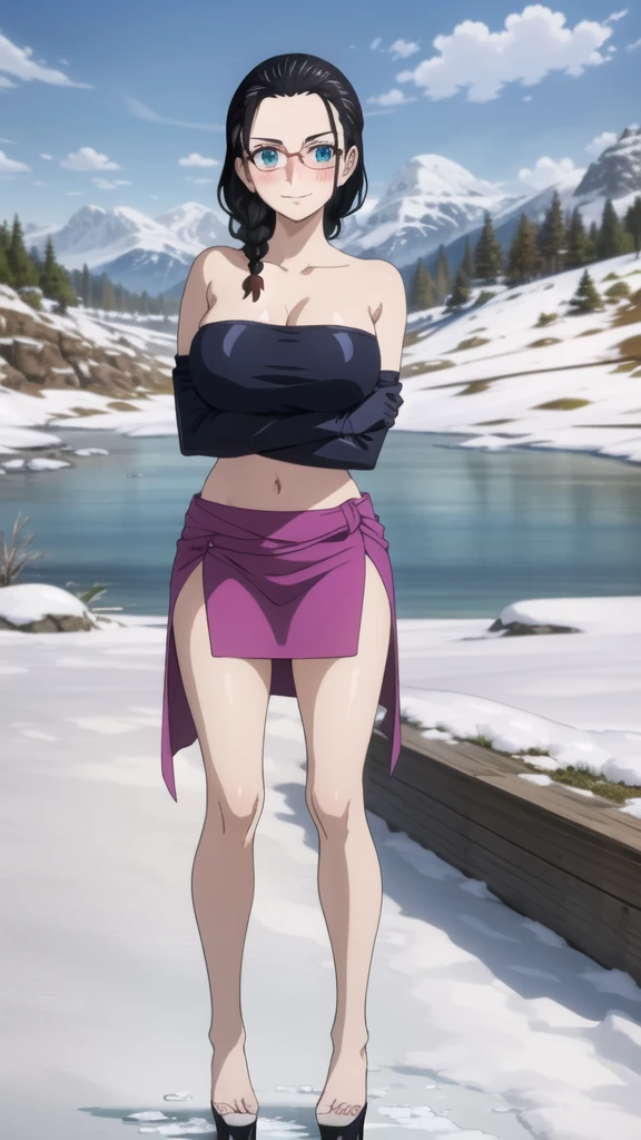 (Masterpiece), 1girl, high quality, best quality, extremely detailed eyes, extremely detailed body, blush, highly detailed, Nico robin, one piece, black hair, blue eyes,  looking at viewer, smile, extra massive breasts, gloves, closed mouth, 1girl, full body, open clothes, purple strapless croptop,crossed arms, eyewear on head, brown gloves, hair slicked back, platform heels, barefoot, snowy terrain, frozen lake, side view