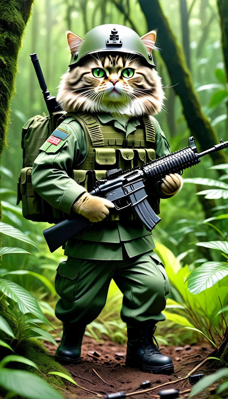 Standing on its hind legs, green Siberian cat in the special forces style amerika, armed with an M16, holding an M16 firearm, wearing a army helmet, carefully observes in the jungle and gives the command to go to the front. Tank in the back. Cinematic quality, Still from the film. Hyper-realistic. Bright colors in the mountain.