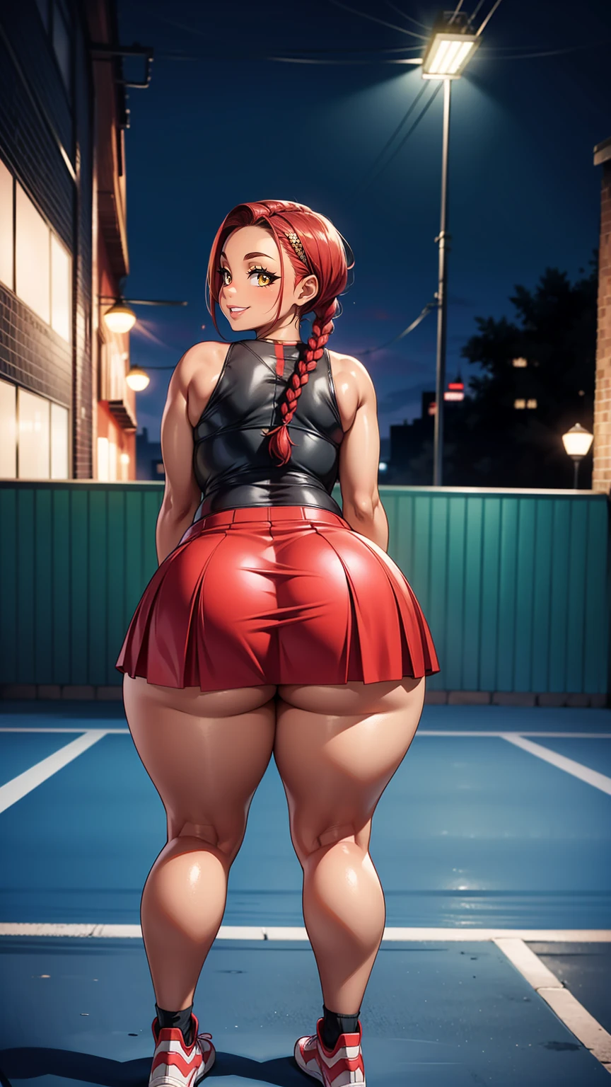 4K Quality, cute smile, black woman, cute eyebrows, over the shoulder pose, (black and red skirt), (black and red tennis shoes), standing up, (black and red braids), (dark skinned), thick thighs, big breasted, big ass, looking at viewer, amber eyes, night time, bedroom eyes, full body, city background, perfect face, perfect body, perfect eyes,