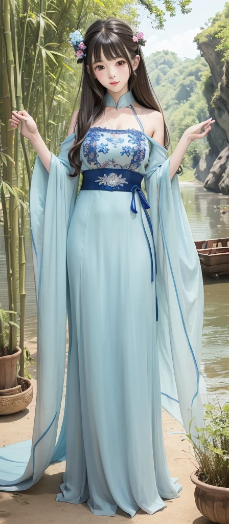 masterpiece, best quality, official art, 8k wallpaper, highly detailed, illustration, 1 girl, Azure hair, long hair, detailed eyes, forrest, bare shoulders, hanfu,lakes, pure, soft smile,bamboo,Tea , Make faceswap video
