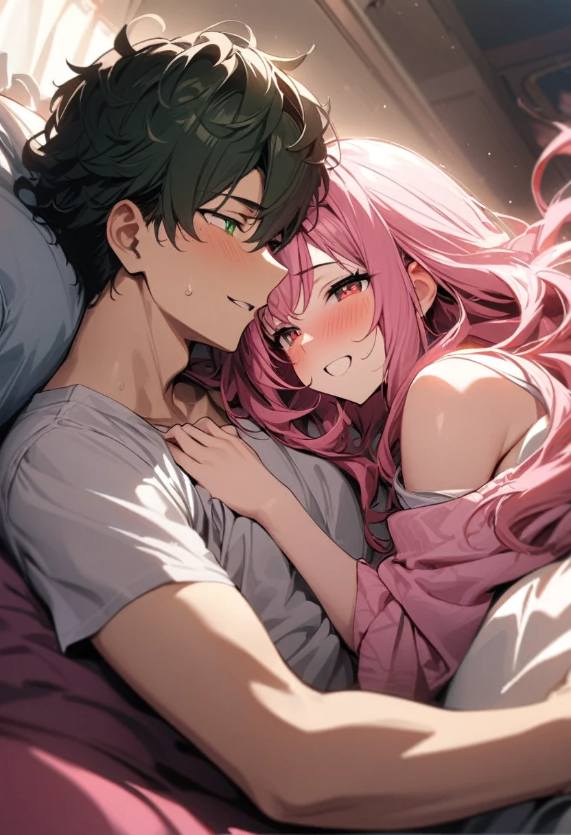 (couple), girl and boy, cuddling in bed, rich in detail, competitive, happy expression, love, wide angle, 1girl, (((masterpiece, best quality, aesthetic, heavenly))), ((girl with red eyes, vibrant pink long hair)), (intimate), 1boy, ((boy with green eyes, short black curly hair))