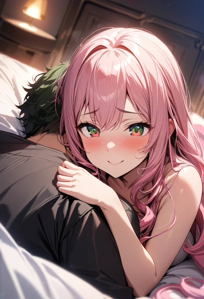 (couple), girl and boy, 1boy, ((boy with green eyes, short black curly hair)), 1girl, ((girl with red eyes, vibrant pink long hair)), intimate, rich in detail, happy expression, love, long shot, wide angle, (((masterpiece, best quality, aesthetic, heavenly)))