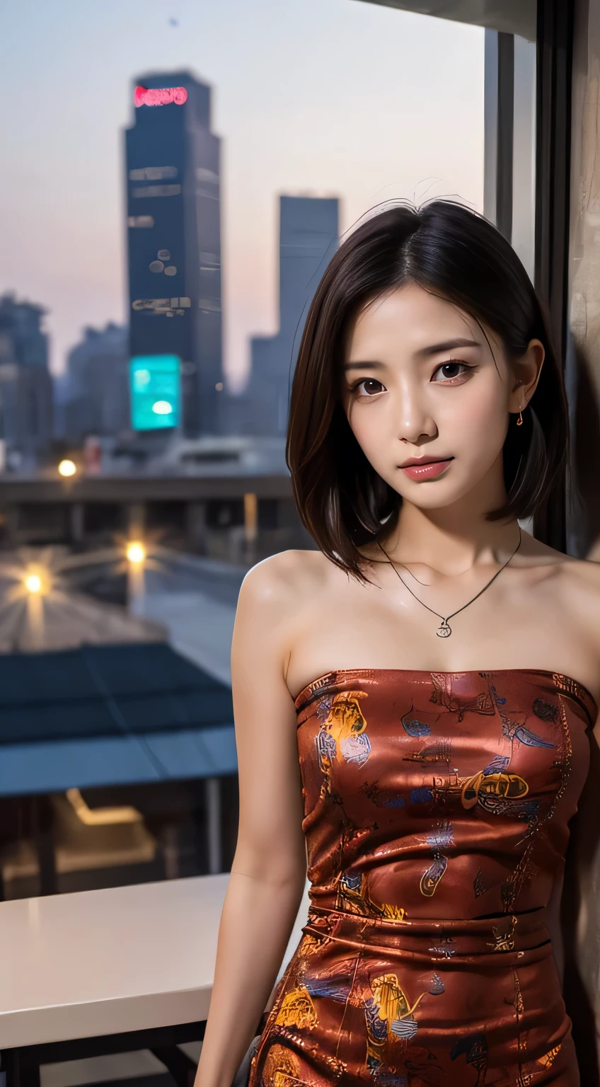 High-resolution images, Atmospheric perspective, 8K, Super detailed, Accurate, Highest quality, Angle from below, woman, Droopy eyes, Sleepy face, blush, In the city, busy, skyscraper, ((Bo BC Hair, short hair , Length below ear)) High Boots, Shoulder bag, necklace, restaurant with big windows, Are standing , chinese new year dress ,Chinese New Year Style, (Red Bodycon Dragon Midi Print Dress), Night view, ((Bo BC Hair))