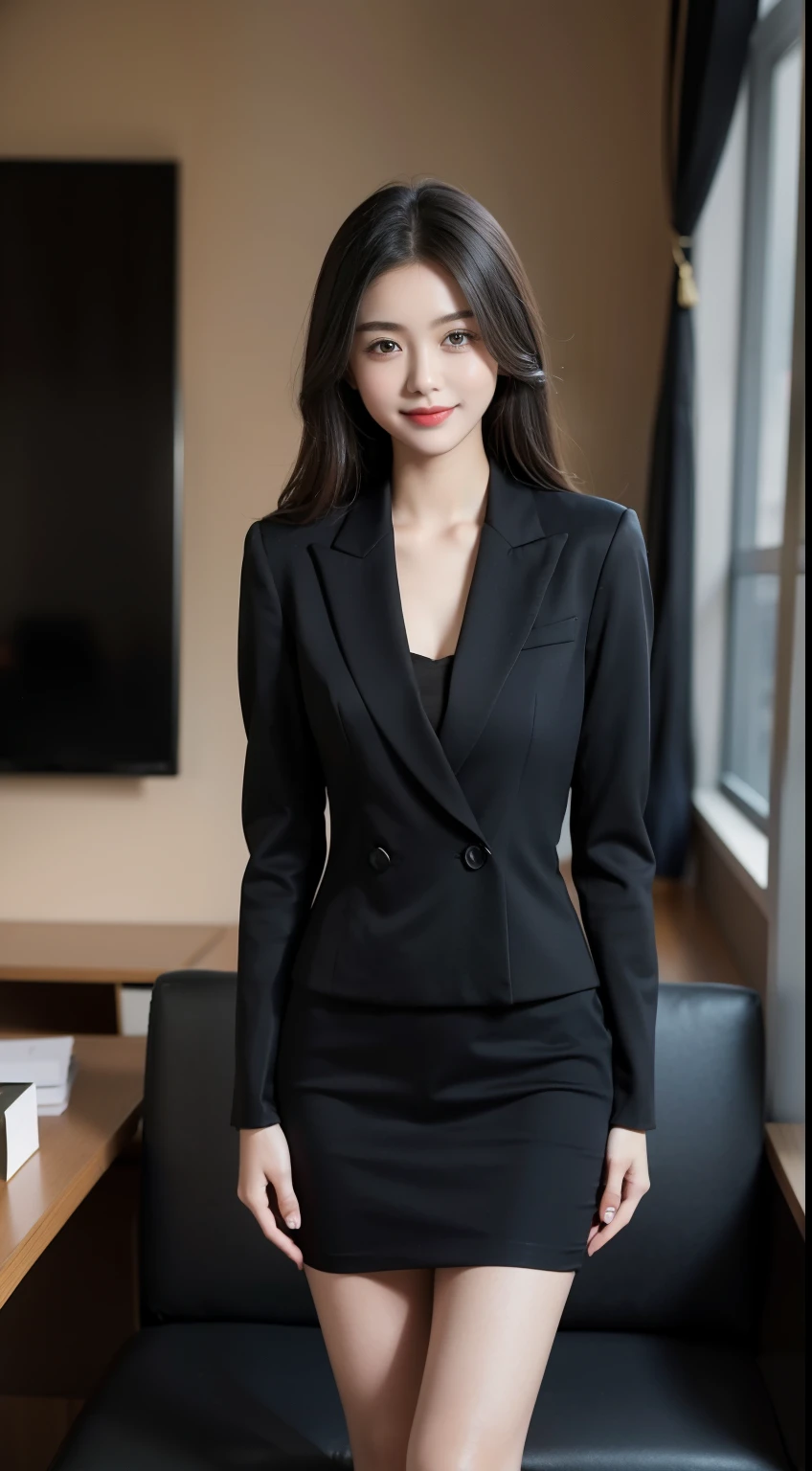 best quality, Full body portrait, Texture lens, Delicate face, Pretty Face, 20-year-old female, Smile, Slim body, Small bust, OL, office Wear, black, Interior scene, office, Take a seat