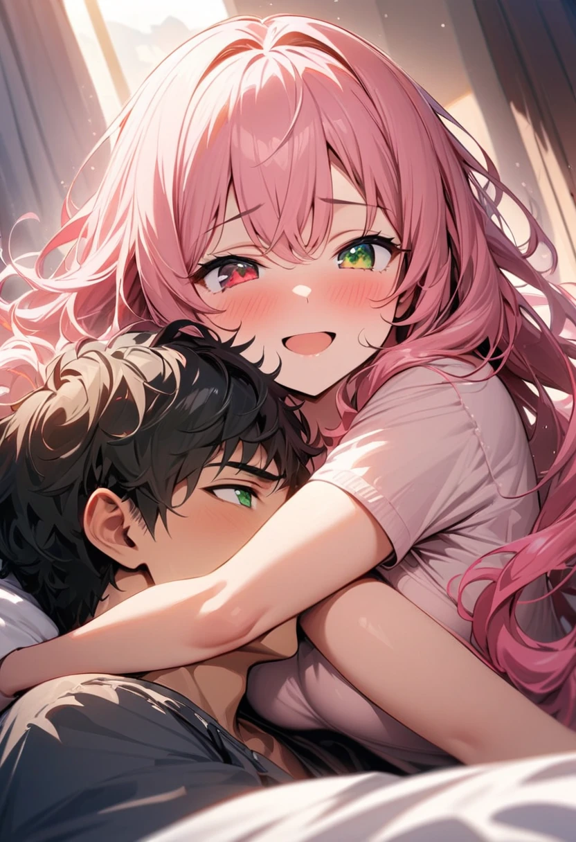(couple), girl and boy, watching tv in bed together, rich in detail, competitive, happy expression, love, wide angle, 1girl, (((masterpiece, best quality, aesthetic, heavenly))), ((girl with red eyes, vibrant pink long hair)), (intimate), 1boy, ((boy with green eyes, short black curly hair))