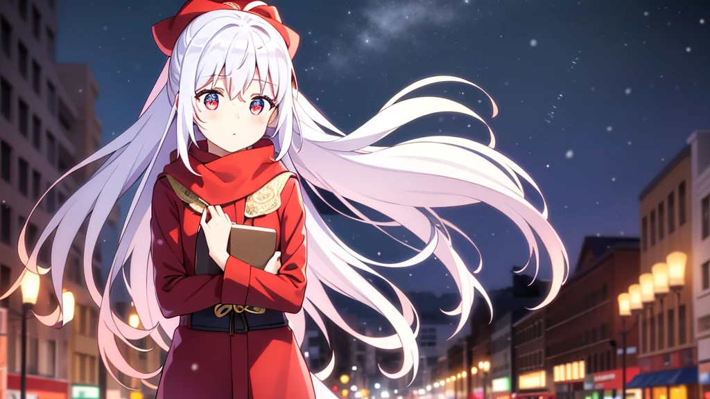 ((masterpiece)),(best quality),Official Art,Extremely detailed CG,Unity 8K wallpaper,Very detailed,Beautiful and delicate eyes,Extremely detailed face,1 girl,solitary,,(whole body:1.5),(small:1.3),，winter，Snowflakes fell in the sky，Light up the lights，Have a prosperous New Year，Spring Festival，Wearing a long red scarf，Red coat，Walking in the street，Celebrate in a warm atmosphere