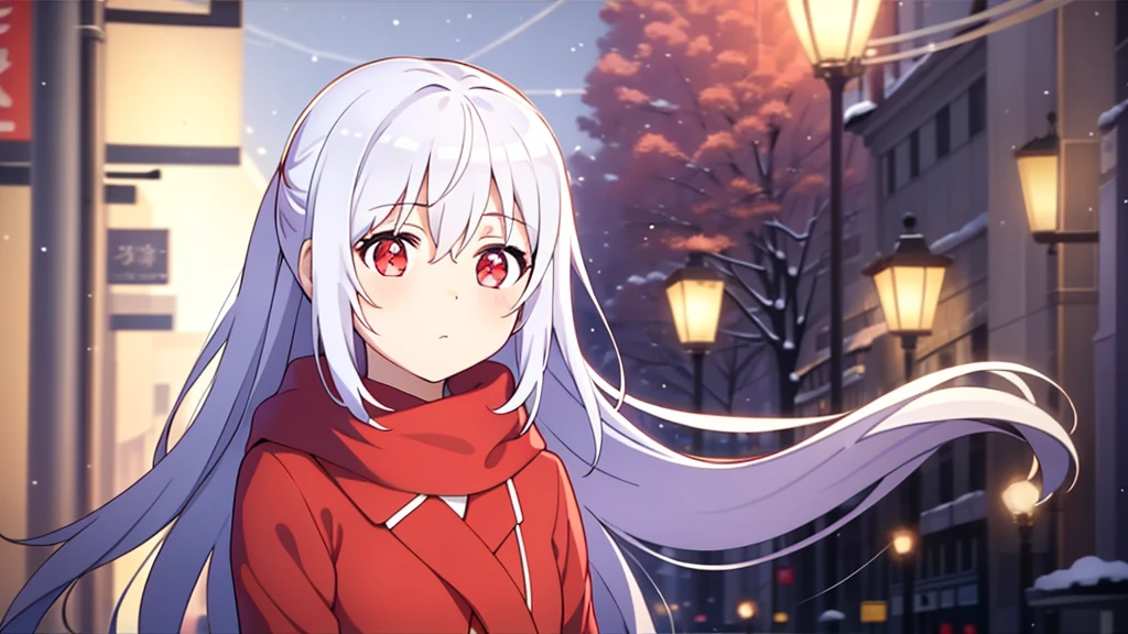((masterpiece)),(best quality),Official Art,Extremely detailed CG,Unity 8K wallpaper,Very detailed,Beautiful and delicate eyes,Extremely detailed face,1 girl,solitary,,(whole body:1.5),(small:1.3),,winter,Snowflakes fell in the sky,Light up the lights,Have a prosperous New Year,Spring Festival,Wearing a long red scarf,Red coat,Walking in the street,Celebrate in a warm atmosphere