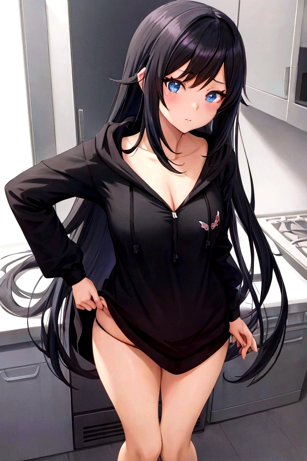 anime girl in a black copped hoodie and black panties posing in a kitchen, seductive anime girl, anime moe artstyle, ilya kuvshinov. 4 k, anime best girl, attractive anime girl, (anime girl), anime visual of a cute girl, cute anime girl, smooth anime cg art, ilya kuvshinov with long hair, ecchi anime style, braless, tits visible from the below