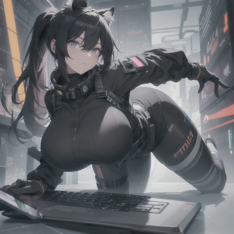Absurd resolution, high resolution, (masterpiece: 1.4), hyper-detail, fullbody image, solo, 1 kemono feline cat woman, black hair, messy ponytail, cute face, detailed soft grey eyes, extremely large bust, huge hyper super breasts, wide full hips, narrower torso, smaller torso, full thicc soft thighs, rounded full soft butt, fullbody covering protective padding pilot utility suit, scifi padded high collar techwear jacket with triangular decals and techwear iconography, techwear gloves, wrist mounted display scifi tablet/communication device/computer, rugged tablet display mounted on MOLLE strap on top of her bust, fitted utility pants, near future scifi, cyberpunk aesthetic, anime aesthetic