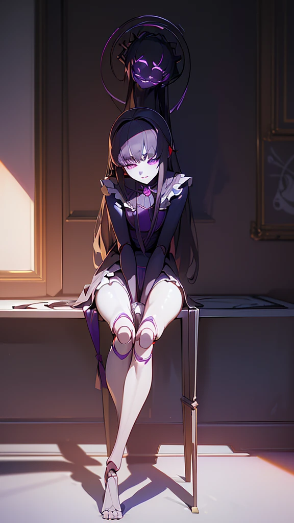 Name: Yumeko
Element: UMBRANOX
Description: The Shadow Weaver, Wispering in the darkness. A cold and calculating strategist, Yumeko controls the mystery and concealment of the night. She Examples ed 's teachings are spoken in hushed whispers, and no one dares question her beliefs.
Prompt: (((Devoto artista, la más alta calidad, Ultra-alta resolución))), 1girl, serene, sitting, ((((doll knees, doll elbows, (doll joints:1.2, action figure limbs:1.2, segmented body))), [mechanical body], (segmented waist), (doll waist), (black hair, ashen hair strands:1), long hair cut, pale complexion, ((((violet eyes)), ((glowing_eyes))), (ultra detailed eyes:0.6, beautiful and detailed face, detailed eyes:0.8), (centered), (Medium shot), side view, ((((indoor, darkness, candles flickering:0.9))), medium chest, looking down, ((half closed eyes)), ((perfect hands)), ((((head, legs, arms in view, elbows, thighs, in view))), (leaning forward), appearing deep in thought, lively eyes, beautiful lighting, candlelit, interior, culture-rich background, ((((defined subject far, faces organic about whites and cheeks, realistic shadows))), 28 years old, (head tilt to the side), (mysterious), (engrossed))