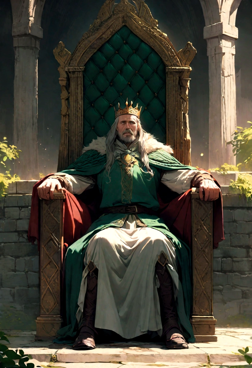 An old king sitting on his throne, mentally tormented、Celtic legends、Shakespeare&#39;s storybook world、