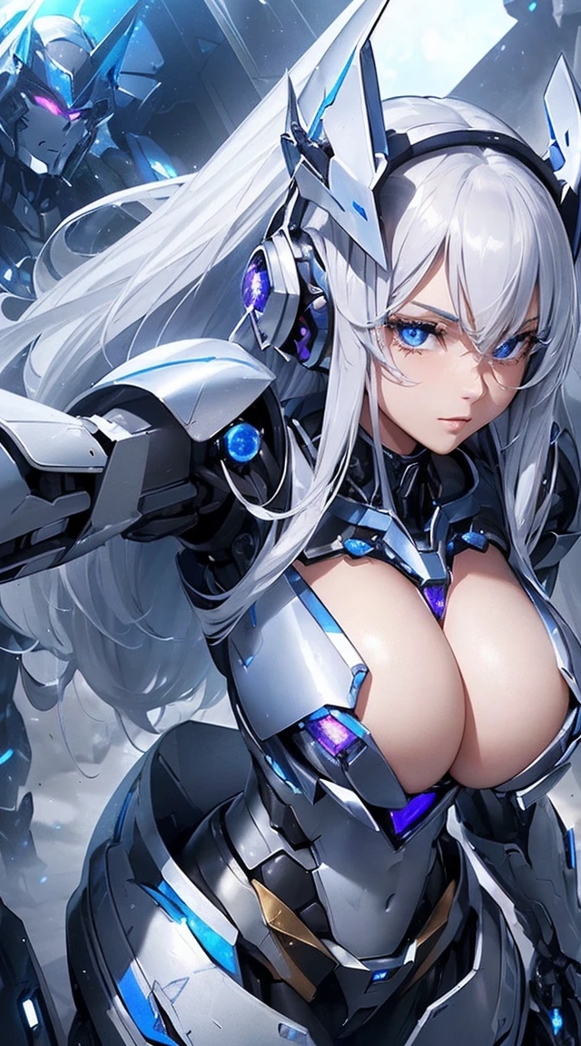 ((Extreme close up:1.6))、(((Lenses shining on both breasts:1.3)))、((Blue pillars of light radiate from both of his chests..:1.3))、break、(((Dynamic pose:1.8)))、smile、((8K)), ((32k)), ((Highest quality)), ((masterpiece)), ((超A high resolution)), ((Tmasterpiece)), ((Halation:1.4))、((Mechaニカルheadgear:1.2))、((Cyber Headphones:1.3))Fine skin, High quality fabric, High-quality metal texture、((Beautiful and dense face))、RAW Photos、Professional, Ultra-fine painting, ((alone)), Beautiful breasts、Highest quality, Very detailed, Very detailed詳細, Finer details, so beautiful, ((Princess Knight Robot:1.2)),  (Joint of the machine, Mechanical Limbs:1.3), (The internal structure of the machine is exposed:1.3), (Long silver hair:1.1), (Beautiful and huge mechanical breasts)、White Veil, cowboy_shot, Side Focus, headgear, Shiny、(Five Fingers, Four fingers and thumb),Concept Art, Anime fantasy artwork, Detailed fantasy art, (with pale blue-violet hair and large white wings,,,,,,,,), (((Long silver hair))), (Mecha:1.6)、Sleek and intimidating design, ((Commander-in-Chief&#39;arm)), (Perfect robot body)、純白と青紫のarmまたは, Symmetrical wings, 8K High Resolution, Detailed Art, 3D rendering of character art in 8K, neat legs, Defined, Defined fingers,((headshot:1.3))