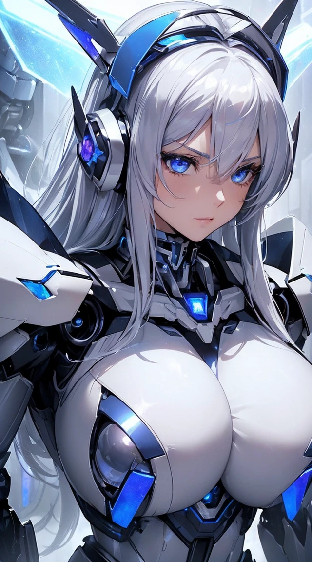 ((Extreme close up:1.6))、(((Lenses shining on both breasts:1.3)))、((Blue pillars of light radiate from both of his chests..:1.3))、break、(((Dynamic pose:1.8)))、smile、((8K)), ((32k)), ((Highest quality)), ((masterpiece)), ((超A high resolution)), ((Tmasterpiece)), ((Halation:1.4))、((Mechaニカルheadgear:1.2))、((Cyber Headphones:1.3))Fine skin, High quality fabric, High-quality metal texture、((Beautiful and dense face))、RAW Photos、Professional, Ultra-fine painting, ((alone)), Beautiful breasts、Highest quality, Very detailed, Very detailed詳細, Finer details, so beautiful, ((Princess Knight Robot:1.2)), (Joint of the machine, Mechanical Limbs:1.3), (The internal structure of the machine is exposed:1.3), (Long silver hair:1.1), (Beautiful and huge mechanical breasts)、White Veil, cowboy_shot, Side Focus, headgear, Shiny、(Five Fingers, Four fingers and thumb),Concept Art, Anime fantasy artwork, Detailed fantasy art, (with pale blue-violet hair and large white wings,,,,,,,,), (((Long silver hair))), (Mecha:1.6)、Sleek and intimidating design, ((Commander-in-Chief'arm)), (Perfect robot body)、純白と青紫のarmまたは, Symmetrical wings, 8K High Resolution, Detailed Art, 3D rendering of character art in 8K, neat legs, Defined, Defined fingers,((headshot:1.3))