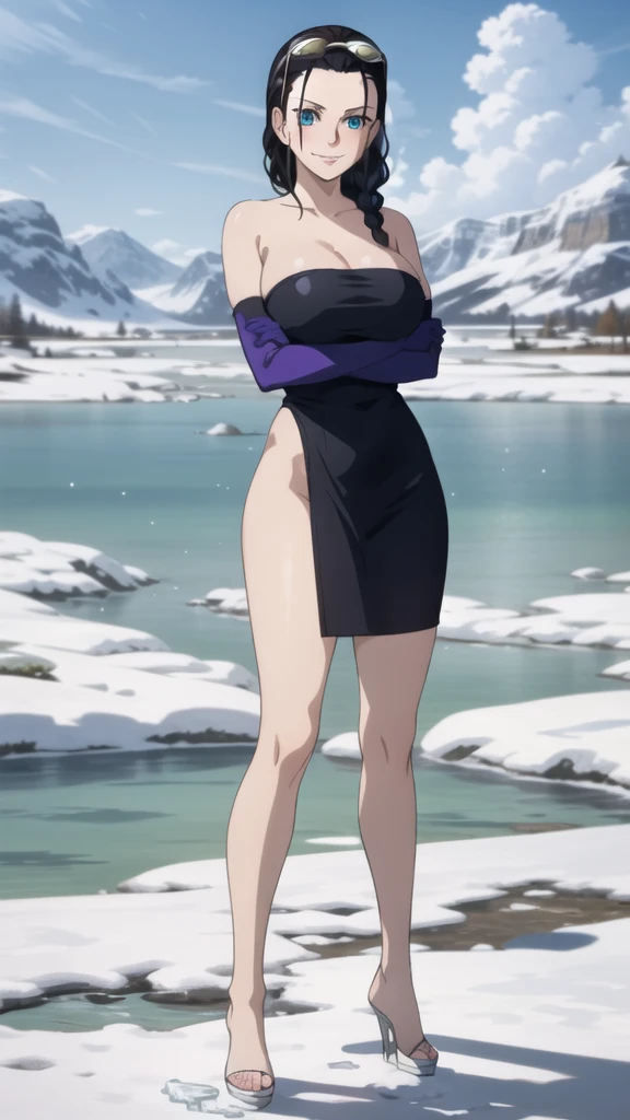 (Masterpiece), 1girl, high quality, best quality, extremely detailed eyes, extremely detailed body, blush, highly detailed, Nico robin, one piece, black hair, blue eyes,  looking at viewer, smile, extra massive breasts, gloves, closed mouth, 1girl, full body, open clothes, purple strapless croptop,crossed arms, eyewear on head, brown gloves, hair slicked back, platform heels, barefoot, snowy terrain, frozen lake, side view, nsfw