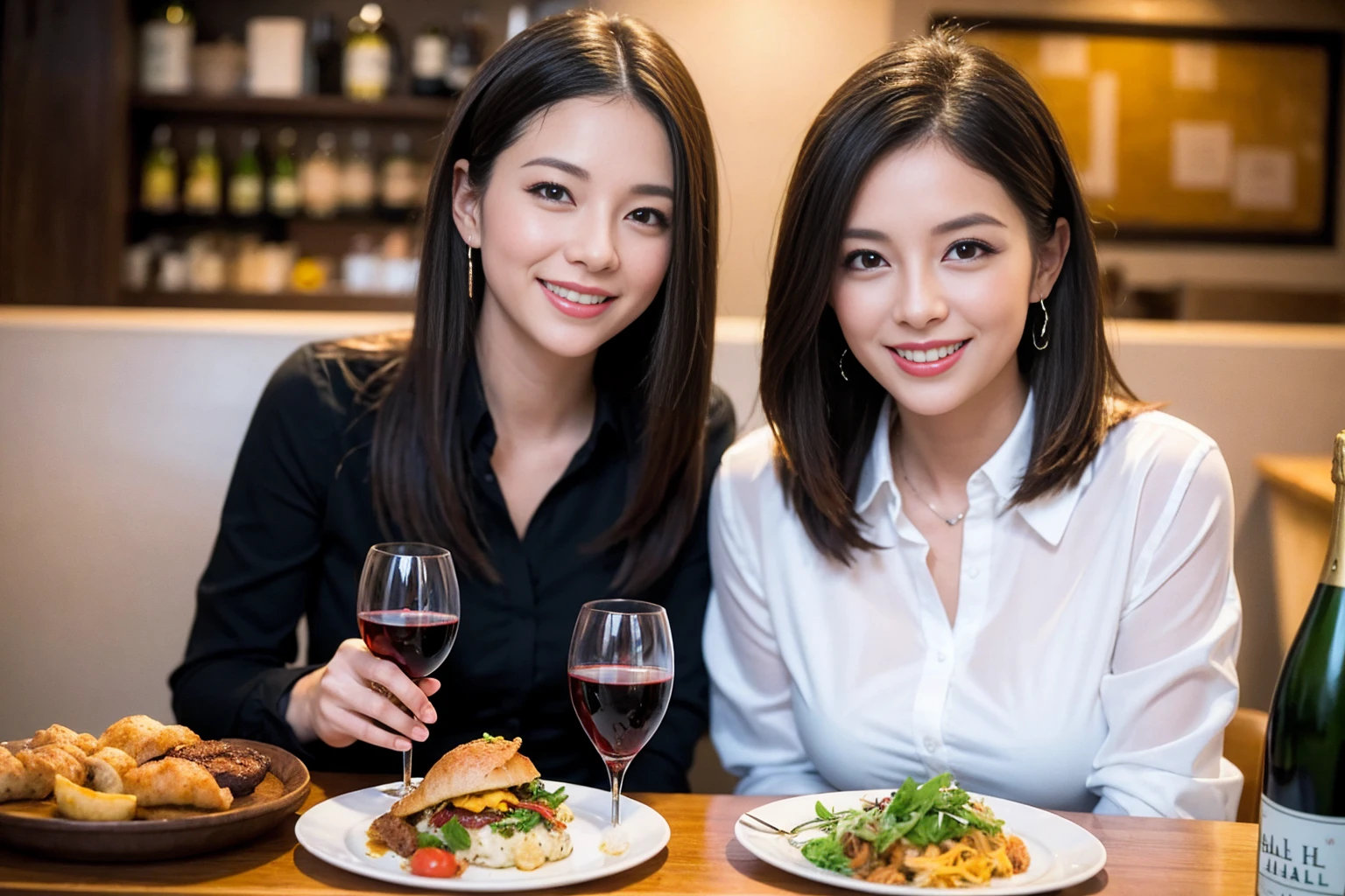 ((Highest quality、8K、masterpiece:1.3))、1 male 1 female、lover、Beautiful couple、Happy smile、full-course dinner、 (Slim face), (the body is スリム), (Brown Hair), (Shortcuts), ((Bob Hale、Straight hair:1.2)), テーブルの上のwine glass、Put the light on your face、 Amazing view of the sunset sky and clouds、The beauty of a smile、Bright image、Blushing, Shortcuts, (Age 35), 39 years old, Appetizers、Italian food、Wine bottle、Champagne、sparkling wine、Long sleeve shirt、dress、Attractive beauty、restaurant, Nova Frog Style, actress, model, Upper Body, White wine, red wine, wine glass,