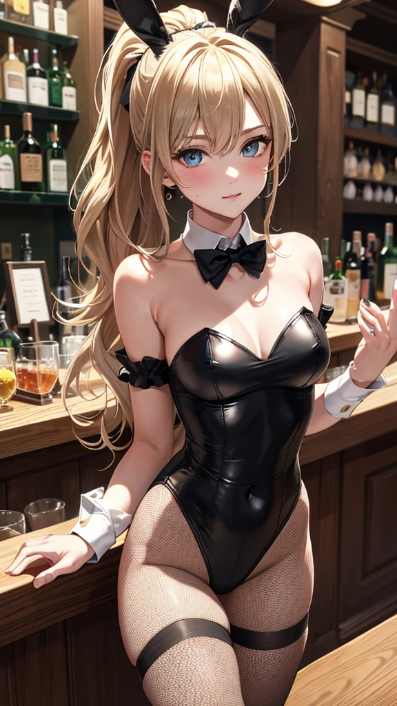 (top-quality, in 8K, 32K, masterpiece, highly detailed), Full body, (a bar counter, shop front:1.4), deep-shadows, detailed faces and eyes, beauitful face, 20-year-old beauty, Beautiful wavy golden hair, ponytail, Blue eyes, BunnyGirl, High-cut leotards, a bow tie, White cuffs, Thighs wrapped in fishnet stockings, Black rabbit ears, blush