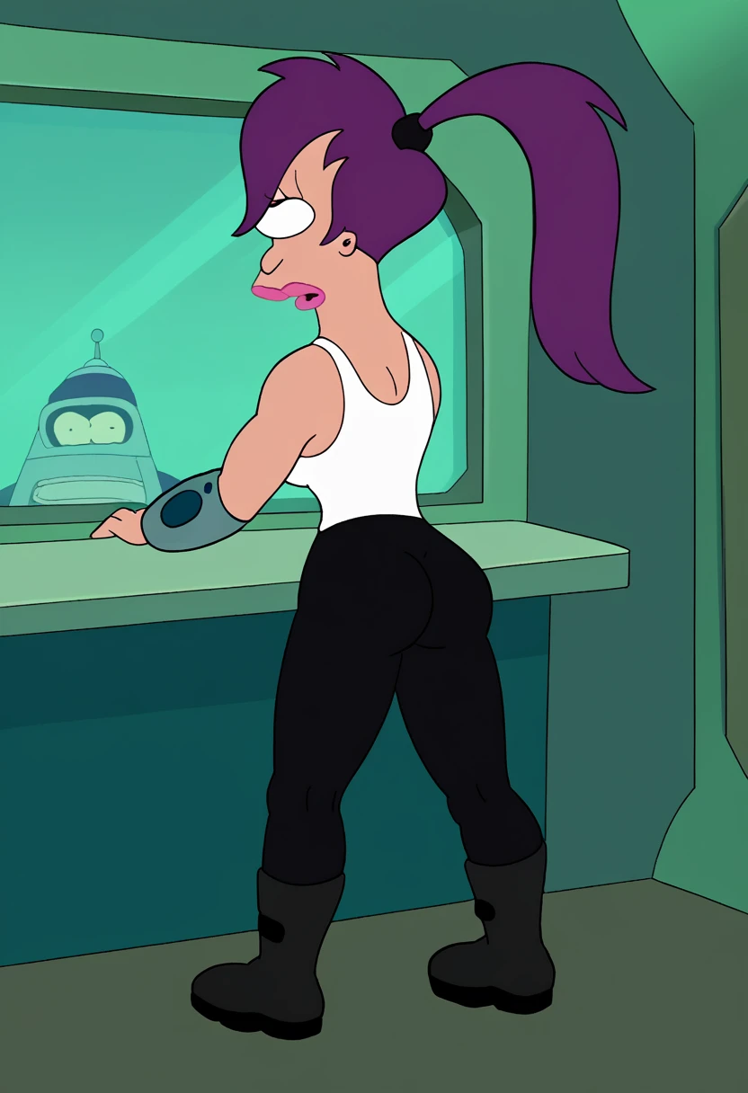 score_9, score_8_up, score_7_up, zPDXL, Leela, purple hair, one-eyed, cyclops, circle eyes, overbite, dot pupil, source_cartoon, futuramastyle, 1girl, solo, long hair, ponytail, makeup, parody, lipstick, interior spacecraftfull body, in space ship, by captain chair, ass, back view, bending over, covered nipples, black pants,