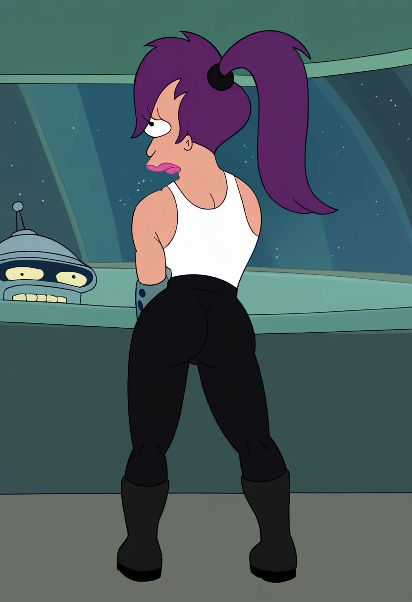 score_9, score_8_up, score_7_up, zPDXL, Leela, purple hair, one-eyed, cyclops, circle eyes, overbite, dot pupil, source_cartoon, futuramastyle, 1girl, solo, long hair, ponytail, makeup, parody, lipstick, interior spacecraftfull body, in space ship, by captain chair, ass, back view, bending over, covered nipples, black pants,