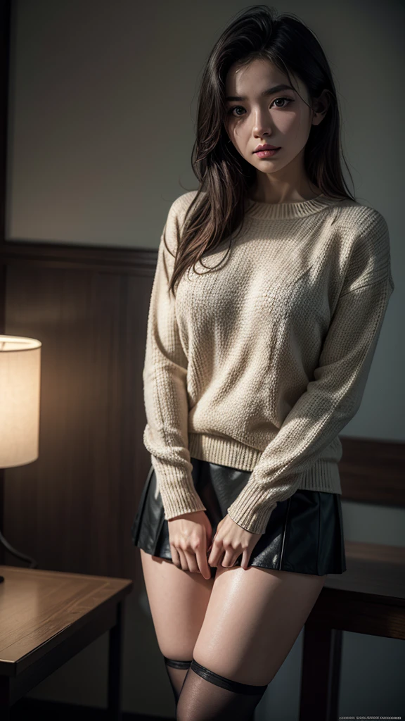 a sensual girl with beautiful long legs,short skirt,black sweater,stockings,perfect body,elegant,serene,1girl,photorealistic,high quality,detailed,intricate,cinematic lighting,vibrant colors,dramatic shadows,award winning photo,ultra detailed