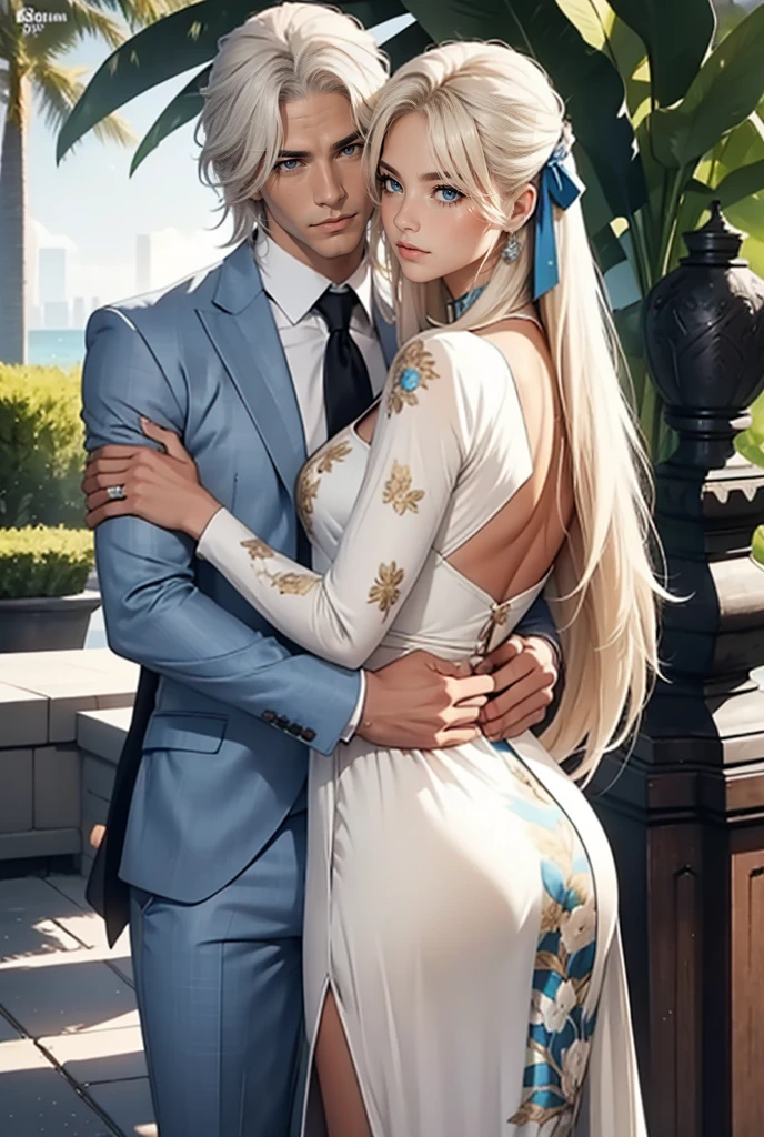 Tall, handsome, athletic, masculine, statuesque, young man-platinum blonde with blue eyes, he has tanned skin, long straight platinum hair, long bangs, he is wearing an expensive brand suit, he hugs an incredibly beautiful young femme fatale blonde with long golden hair tied with a scarlet ribbon, she has blue eyes, long bangs, a light summer dress with a print. Romance. summer, long hair. Park, sun, pond, love. They're holding hands. full-length image.