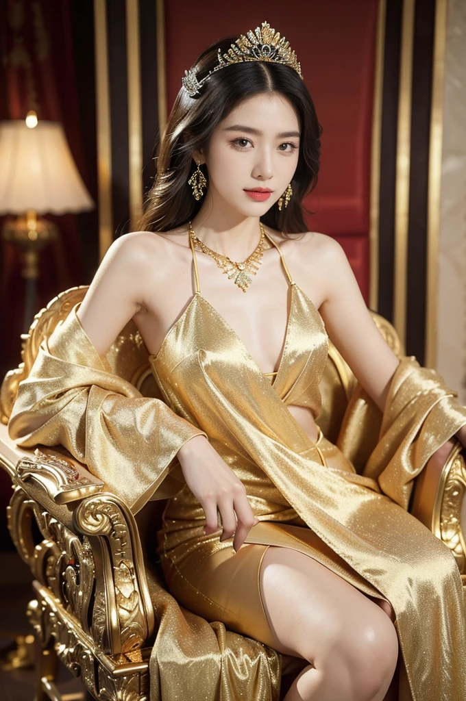 (((best quality))),(((ultra detailed))),(((masterpiece))),illustration,1 girl,solo,slim,thin,shoulder length straight bob hair,earrings,necklace,small ,flat chest,slender legs,high heels,Asian appearance,princess,royal,Chinese palace,night scene,magnificent dragon gown,golden crown,intricate embroidery,luxurious fabric,precious stones,(sitting on the metallic throne:1.3),decorative patterns,rich decorations,luxurious furnishings,regal charm,beautiful face,gentle smile,bright eyes,historical,traditional,city lights,modernity,frozen moment,beauty of the past,evolution of time,from front,full body,