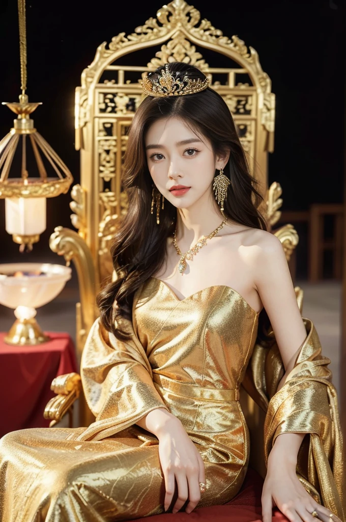 (((best quality))),(((ultra detailed))),(((masterpiece))),illustration,1 girl,solo,slim,thin,shoulder length straight bob hair,earrings,necklace,small breasts,flat chest,slender legs,high heels,Asian appearance,princess,royal,Chinese palace,night scene,magnificent dragon gown,golden crown,intricate embroidery,luxurious fabric,precious stones,(sitting on the metallic throne:1.3),decorative patterns,rich decorations,luxurious furnishings,regal charm,beautiful face,gentle smile,bright eyes,historical,traditional,city lights,modernity,frozen moment,beauty of the past,evolution of time,from front,full body,