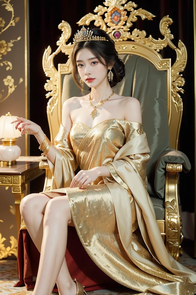 (((best quality))),(((ultra detailed))),(((masterpiece))),illustration,1 girl,solo,slim,thin,shoulder length straight bob hair,earrings,necklace,small breasts,flat chest,slender legs,high heels,Asian appearance,princess,royal,Chinese palace,night scene,magnificent dragon gown,golden crown,intricate embroidery,luxurious fabric,precious stones,(sitting on the metallic throne:1.3),decorative patterns,rich decorations,luxurious furnishings,regal charm,beautiful face,gentle smile,bright eyes,historical,traditional,city lights,modernity,frozen moment,beauty of the past,evolution of time,from front,full body,