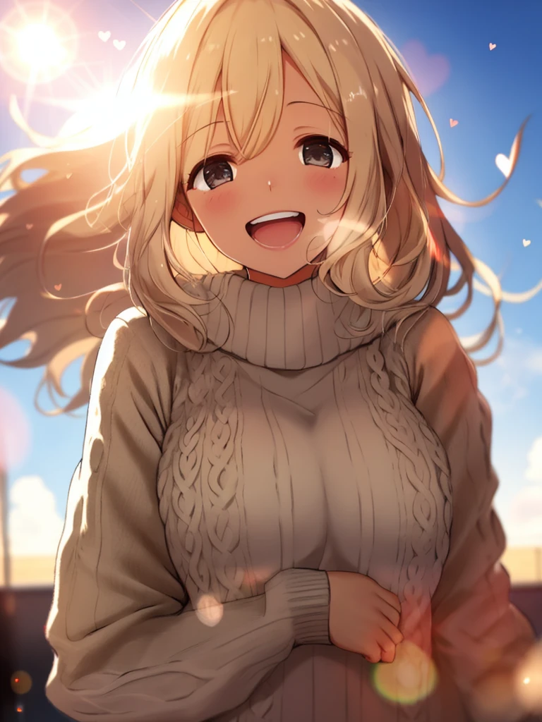 a girl, cosy sweater on, upper body, (huge Laughing:1.1), (open mouth:1.1), (wide open eyes:1.2), sun glare, bokeh, depth of field, blurry background, light particles, strong wind, (heart particles:1.1)
