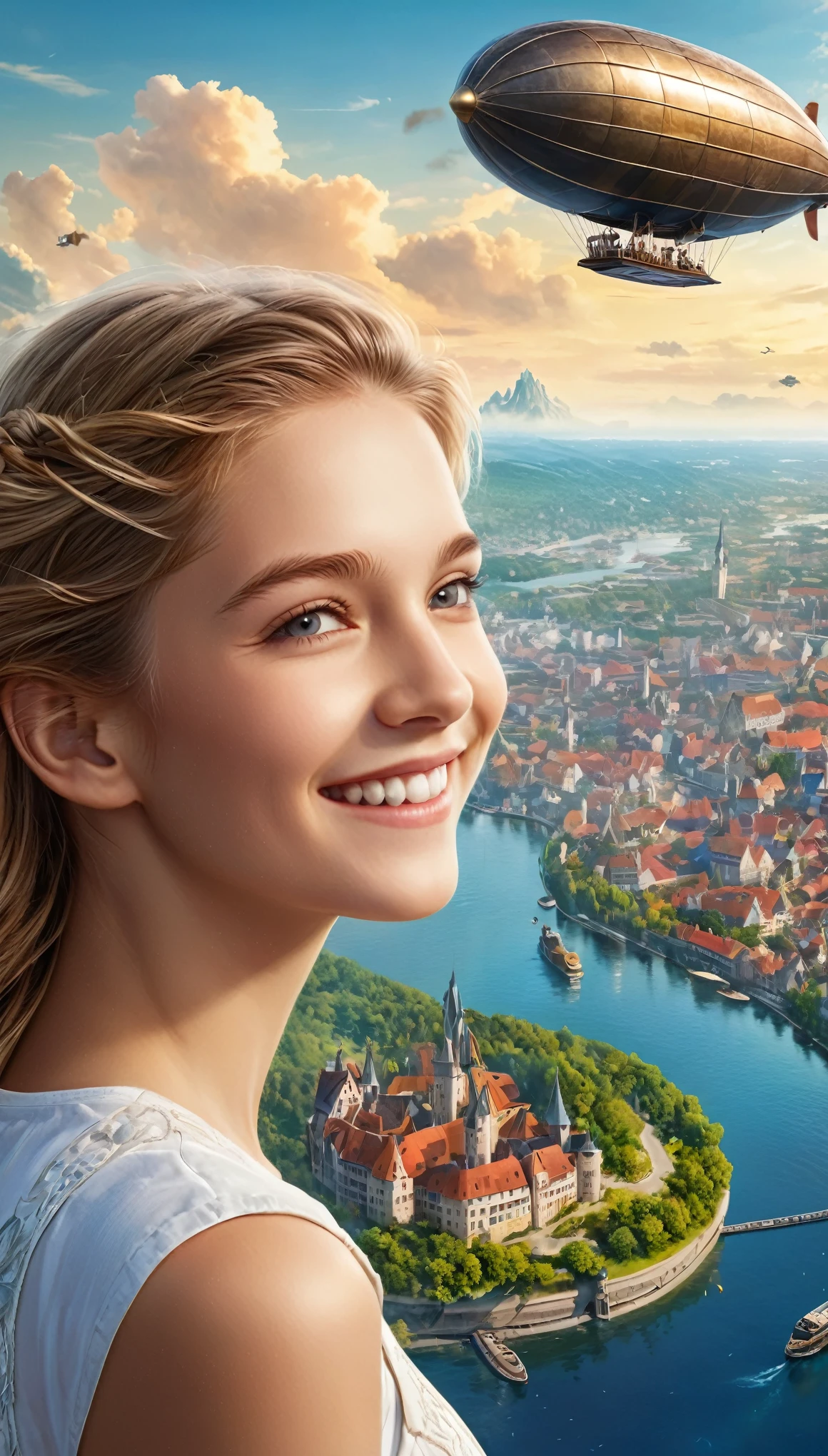 Many islands are floating in the air, A small airship is flying around, City, Fantasy, Extreme Detail, Realistic Light, A magnificent composition, (Intricate details), (Intricate Design, Super detailed :1.2), Art Station, (masterpiece, Highest quality), Ultra HD, 32K  (Close-up portrait of 16yo beautiful Half German girl is smiling at viewers:1.6)