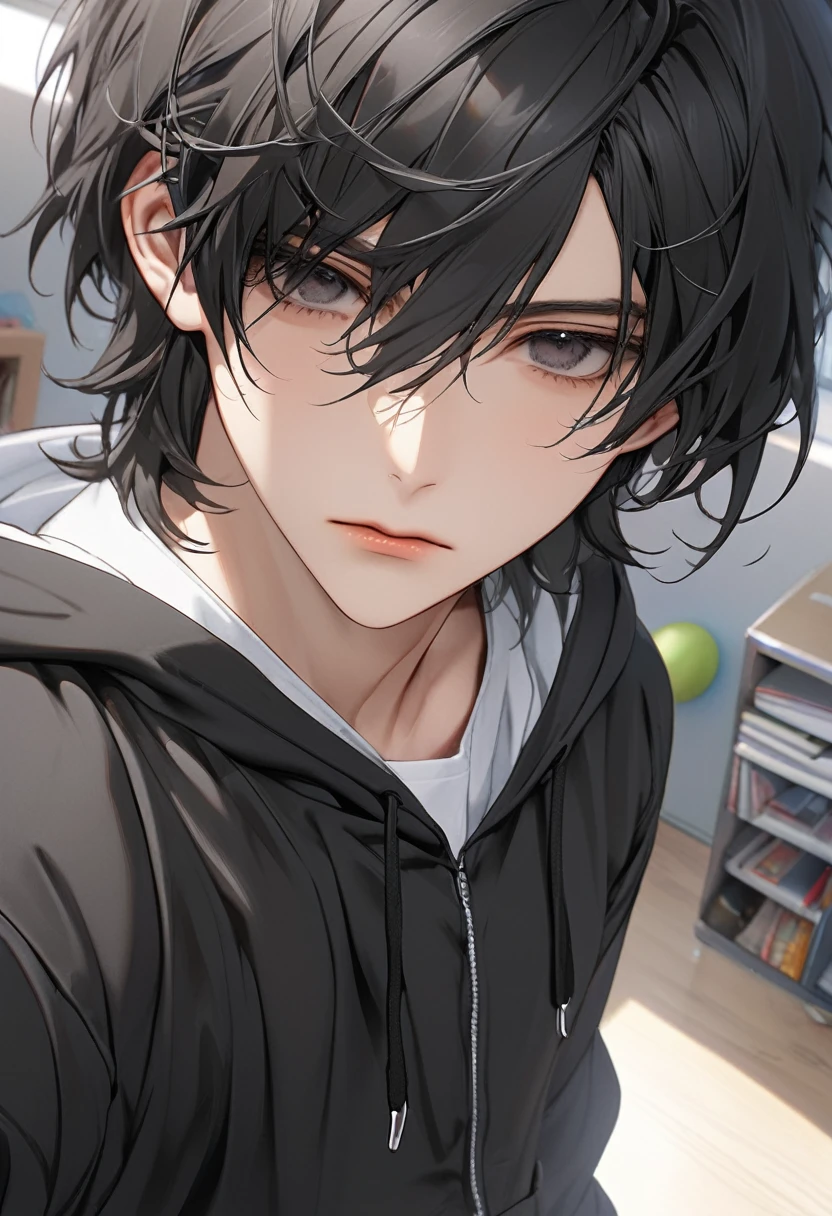 A highschool boy, handsome, perfect body, black hair, short hair, mullet black eyes, expressionless, black hoodie, anime, first-person view, masterpiece, anatomically correct, high details, highres, best quality, super detail, 1080P