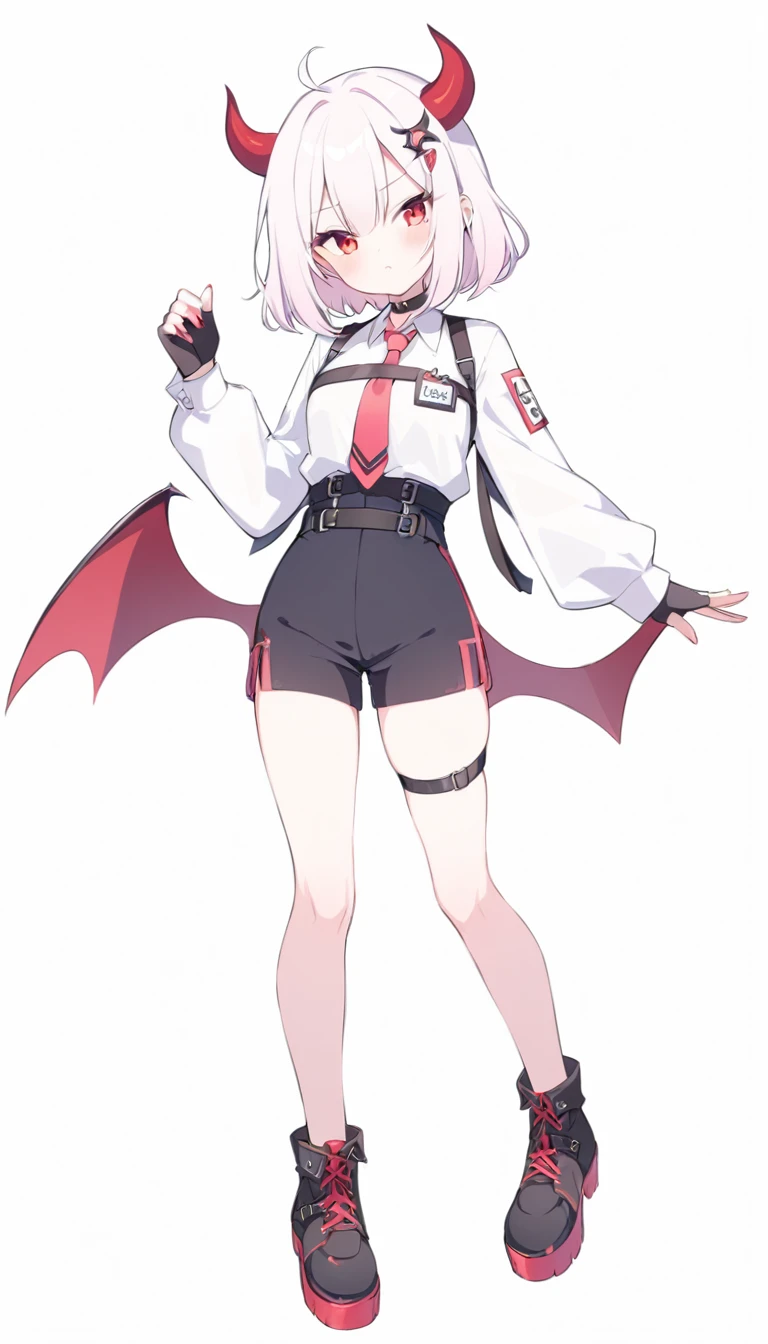 Teenage girl, devil girl, small red horns, white hair, short fluffy hair, big red eyes, pale skin, blushing cheeks,red cheeks, brown eyes, hair ornament, white shirt, long sleeves, pink tie, black choker, harness, name tag, multiple belts, high waist shorts, black shorts, thigh strap, fingerless glove, simple glove, full body, alone