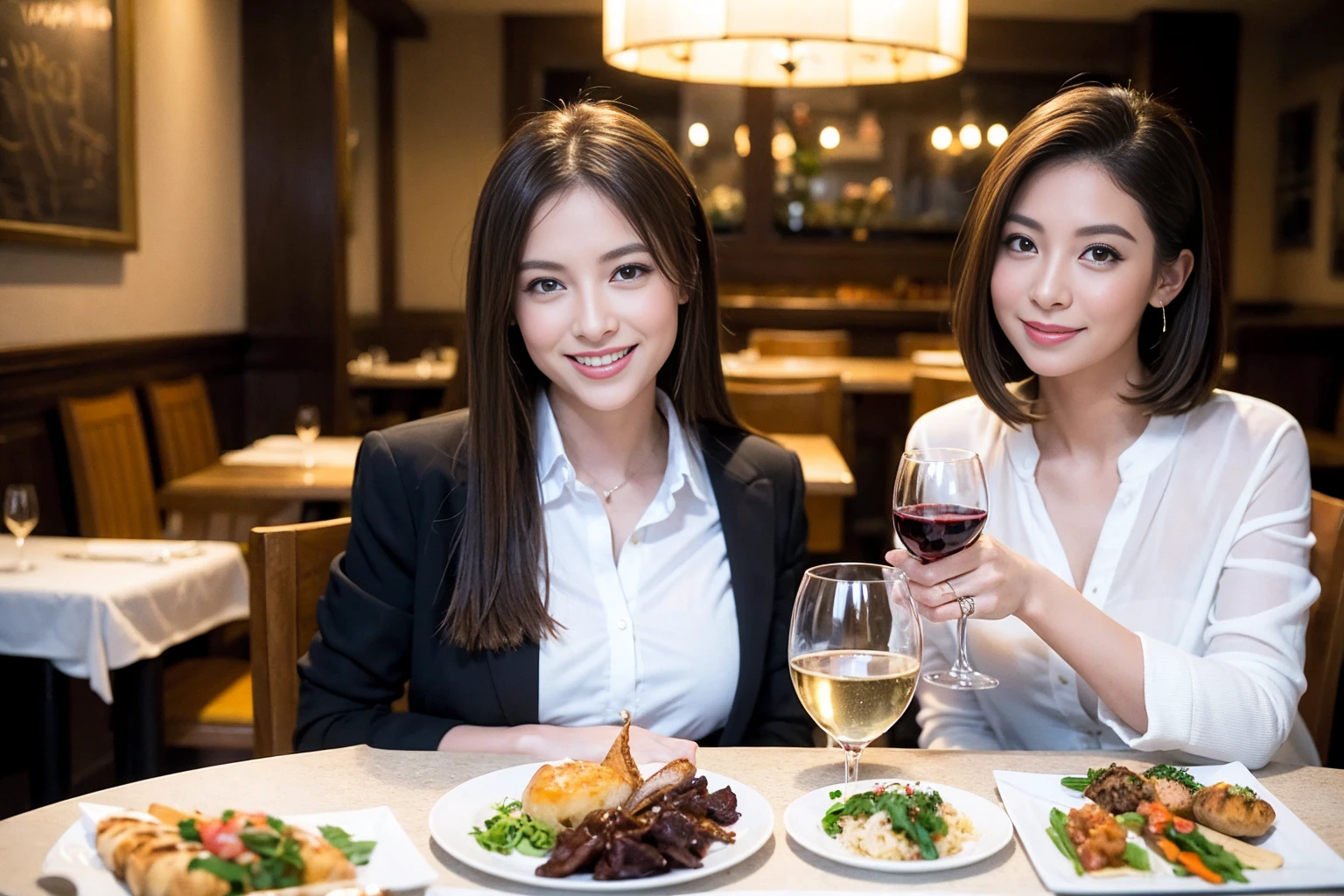((Highest quality、、masterpiece:1.3))、1 male、1 female、spouse、Beautiful couple、smile、full-course dinner、 (Slim face), (the body is スリム), (Brown Hair), (Shortcuts), ((Bob Hale、Straight hair:1.2)), テーブルの上のwine glass、Put the light on your face、 Amazing view of the sunset sky and clouds、smileの美しさ、Bright image、Blushing, Shortcuts, (43 years old), 39 years old, Appetizers、Italian food、Wine bottle、Champagne、sparkling wine、Long sleeve shirt、dress、Attractive beauty、restaurant, Nova Frog Style, actress, model, Upper Body, White wine, red wine, wine glass, 