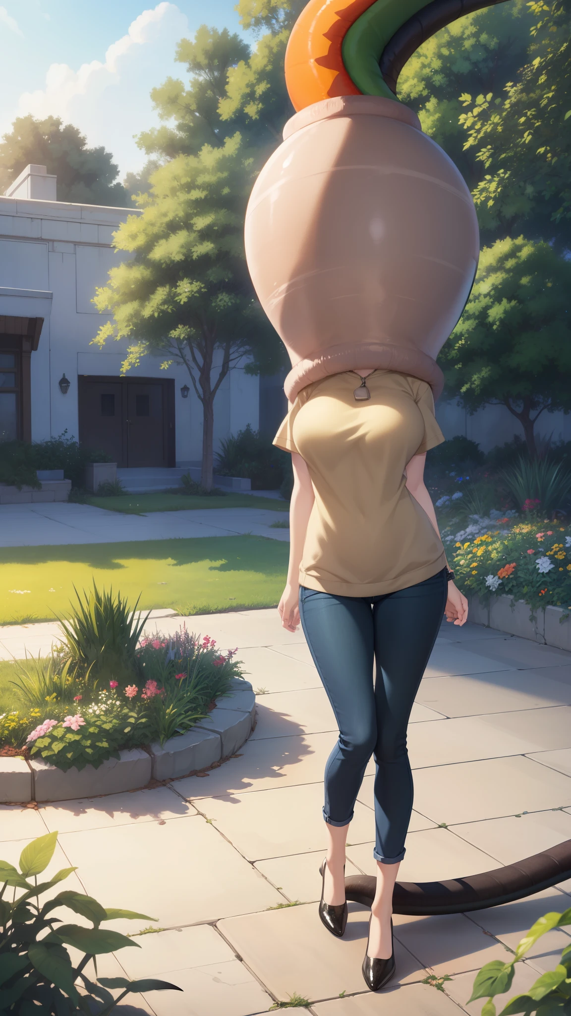 1girl, natural lighting, masterpiece, highly detailed, illustration, game CG, absurdres, high quality, aichan, large breasts, garden, jeans, (cell vore), (tail vore:1.5)