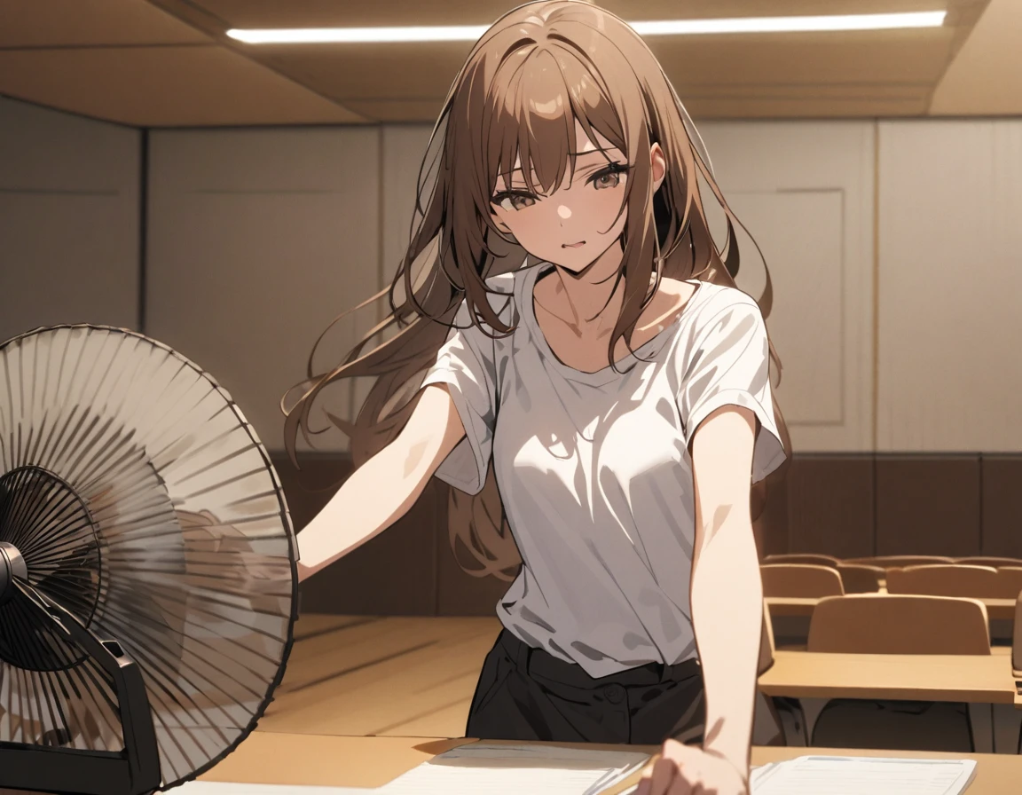 A brown-haired woman is cooling off in front of a fan in an empty conference room with her shirt open.