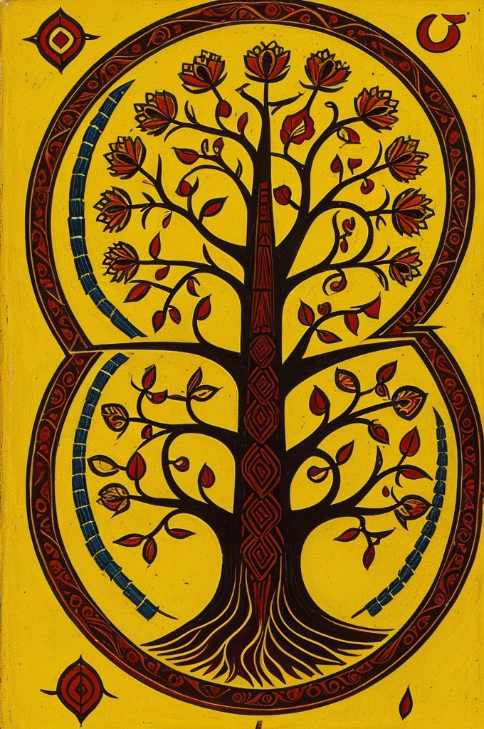 Logo with the yellow and red Mapuche symbol, back with an image of the tree of life.
Above say "folklore group in hindi"
And below the logo "land of love"