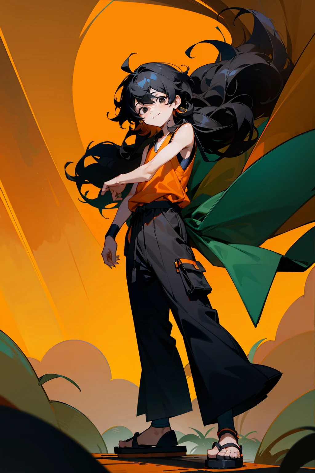 1male , ??? Male , Wavy Hair , Black Hair , Black Eyes , Happy Expression , Orange Sleeveless Yukata , Baggy Black Pants , Sandals , Martial Arts Clothing, Forest Background , Standing on path , Short