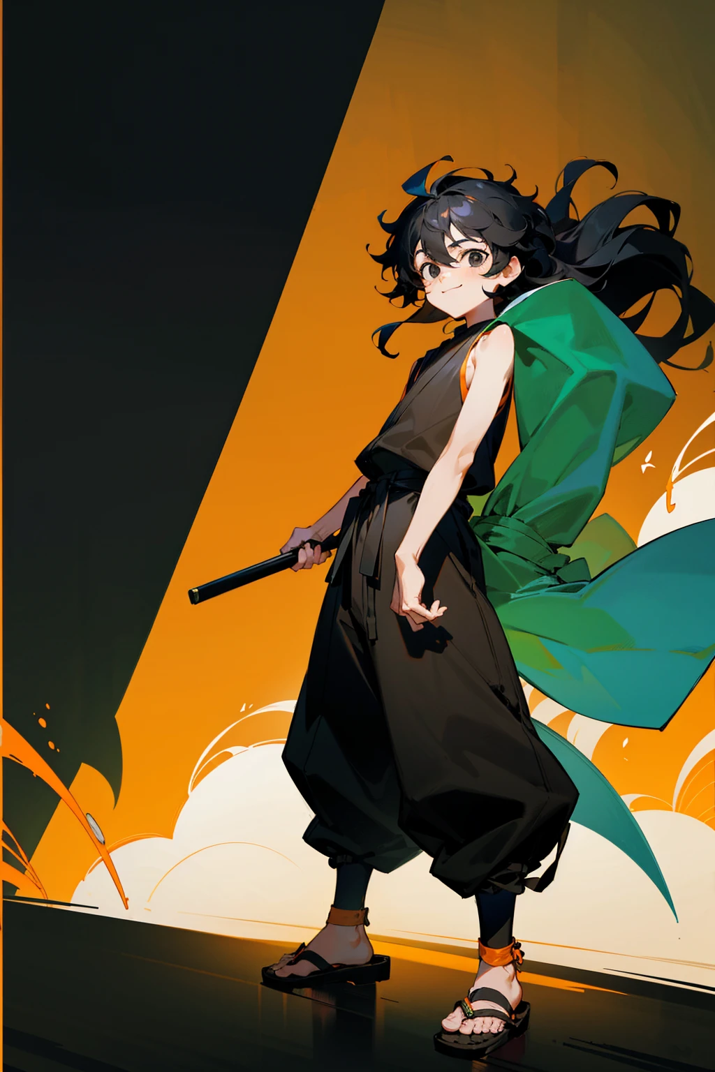 1male ,  Male , Wavy Hair , Black Hair , Black Eyes , Happy Expression , Orange Sleeveless Yukata , Baggy Black Pants , Sandals , Martial Arts Clothing, Forest Background , Standing on path , Short