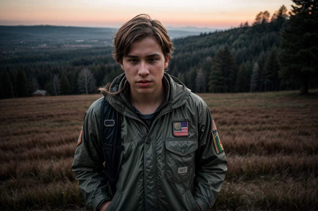 a young caucasian female, dressed as a boy scout, saluting the american flag during the pledge of allegiance, a blurred male figure playing a bugle in the background, a field, treeline of pacific northwestern forest in background (best quality,4k,8k,highres,masterpiece:1.2),ultra-detailed,(realistic,photorealistic,photo-realistic:1.37),cinematic lighting,dramatic colors,cinematic composition,intricate details,expressive pose,emotional expression,dramatic atmosphere,cinematic perspective, hyperrealistic