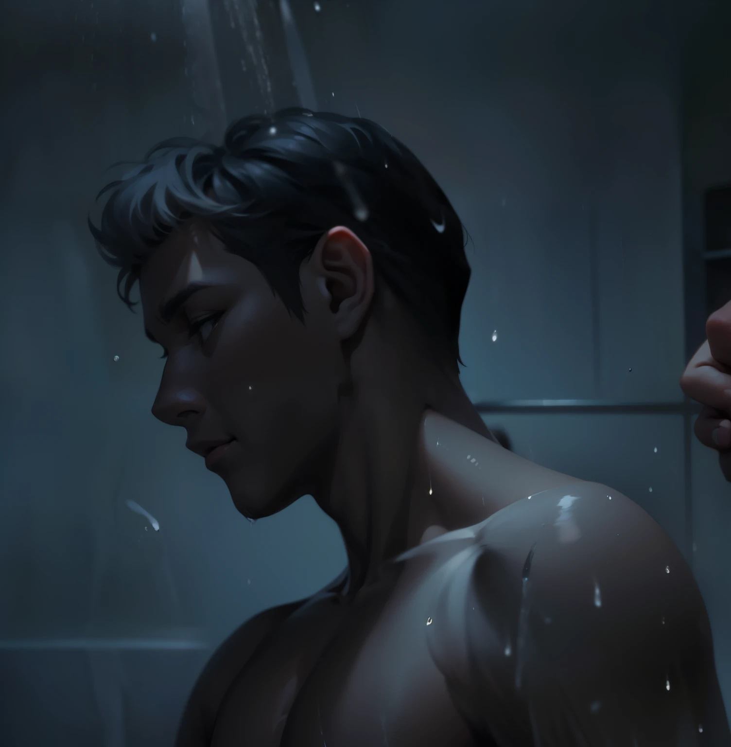 cute gray haired boy is in the shower water falls on his head